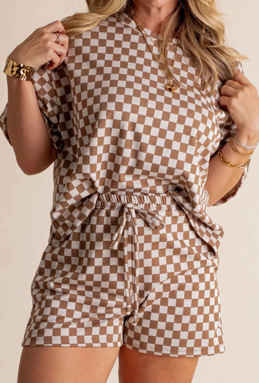 Brown Checkerboard Plus Size Short Set