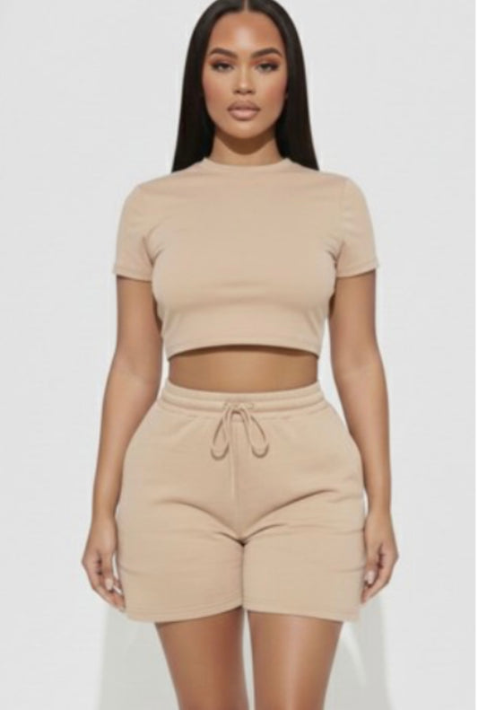 Crop Tee Short Set Beige