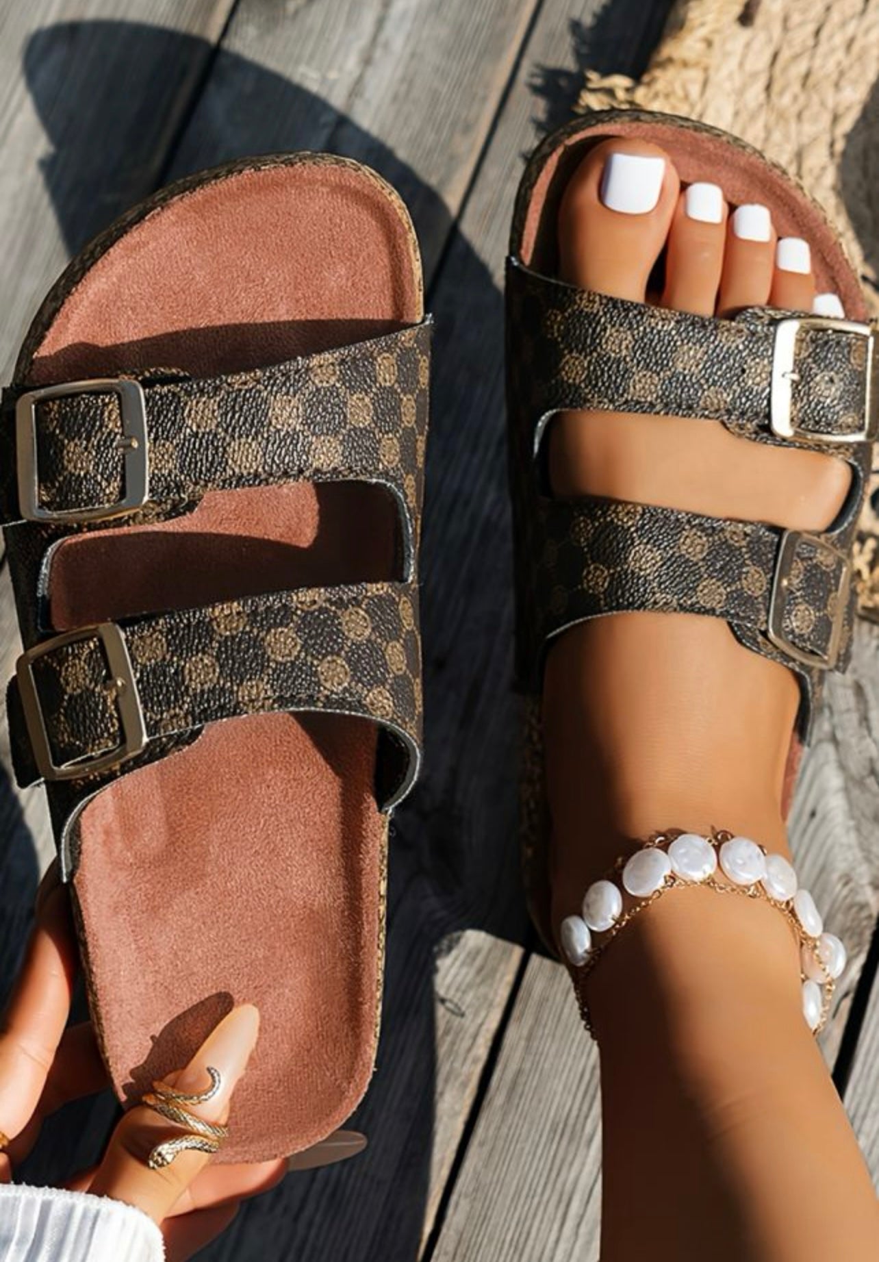 Coffee Geometric Print Leather Sandals