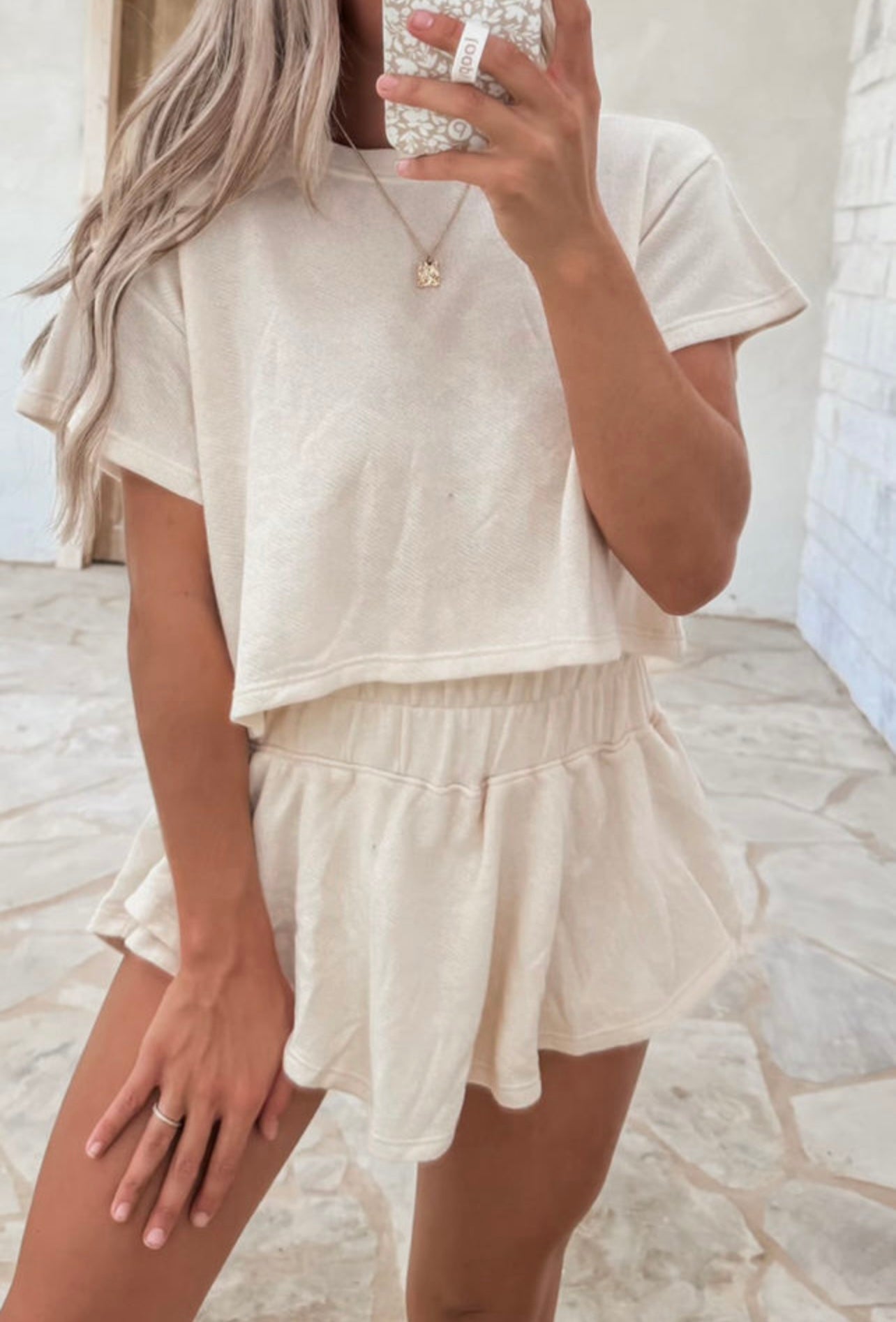 Beige Cropped Tee and High Waist Skort Set