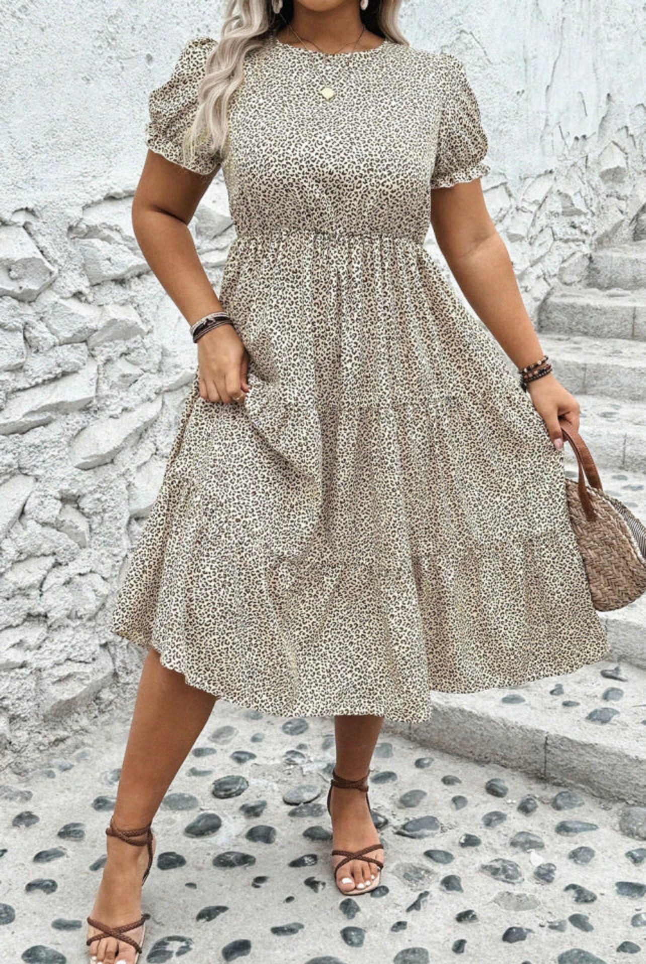 Leopard Print Plus Size Frill Trim Dress