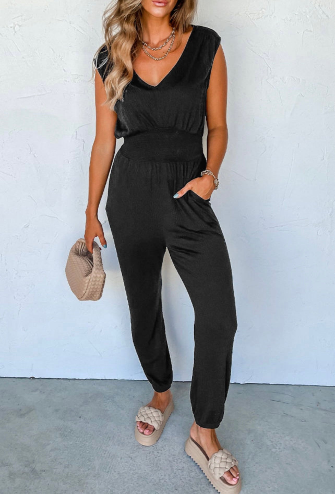 Black Shirred High Waist Jumpsuit