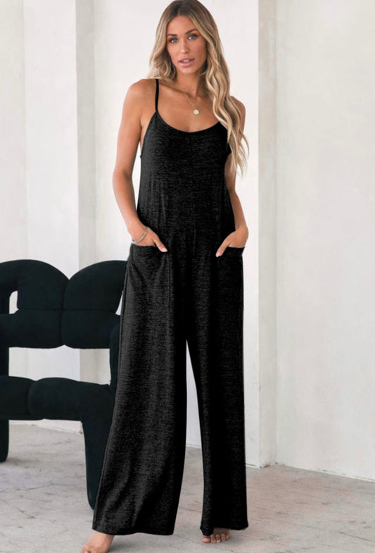 Black Patch Pockets Wide Legged Romper