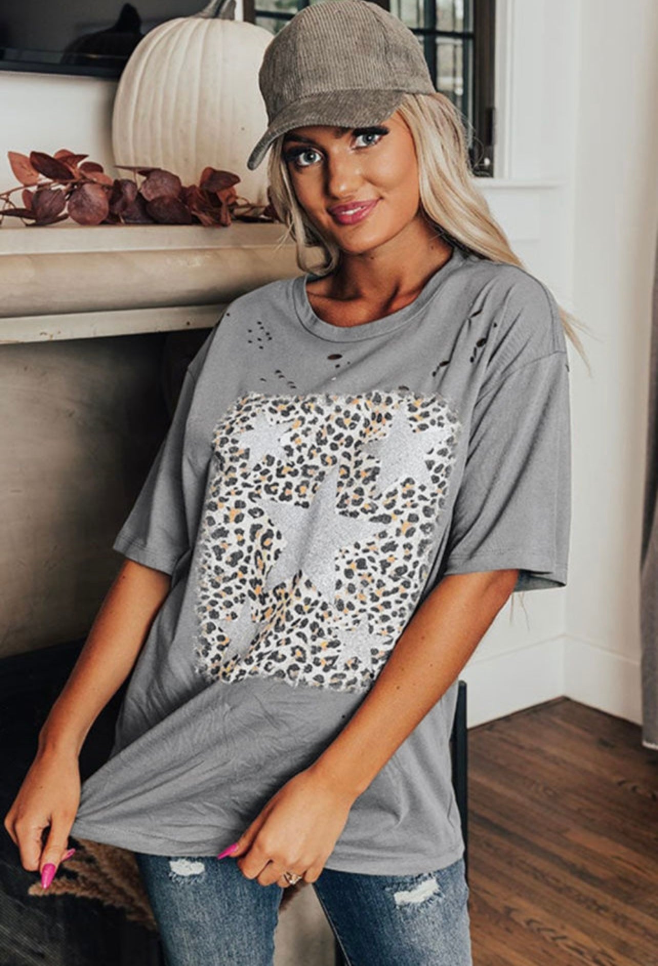 Grey Stars Leopard Distressed Tee